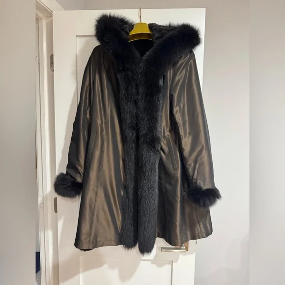 MACY’S FUR VAULT REVERSIBLE REAL MINK FOX COAT FUR SIZE L LARGE HOOD - Picture 7 of 16